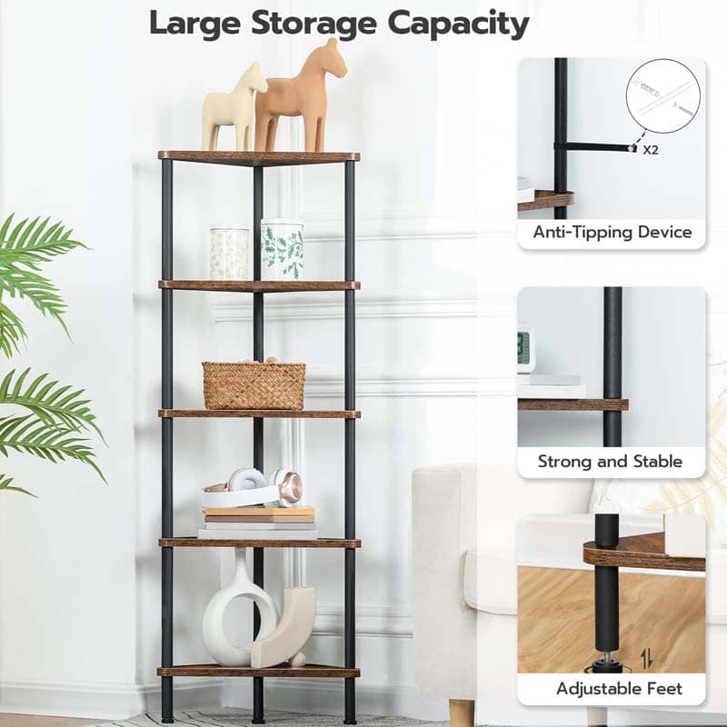 A tall, narrow corner shelving unit with five wooden shelves and black metal legs, shown in a styled room setting. The image includes text overlays highlighting features: 'Large Storage Capacity,' 'Anti-Tipping Device,' 'Strong and Stable,' and 'Adjustable Feet,' along with inset close-up diagrams.