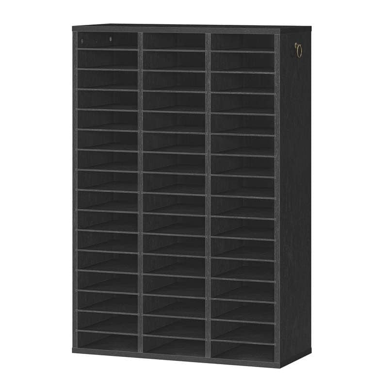 A tall black wooden mail slot cabinet with multiple vertical compartments and a small round metal handle on the upper right side, shown on a plain white background.