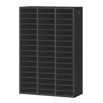 A tall black wooden mail slot cabinet with multiple vertical compartments and a small round metal handle on the upper right side, shown on a plain white background.