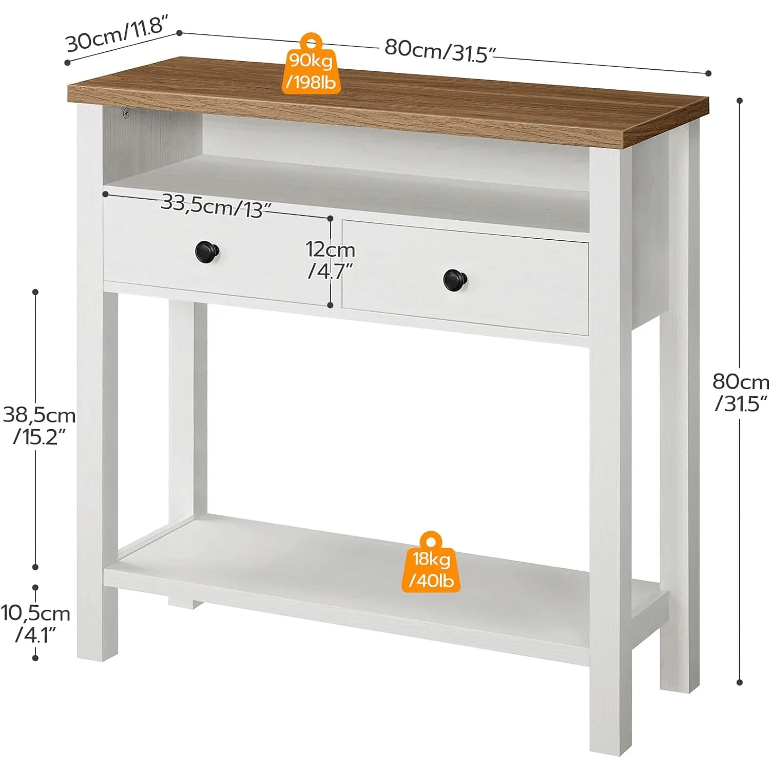 White console table with wooden top and dimensions displayed