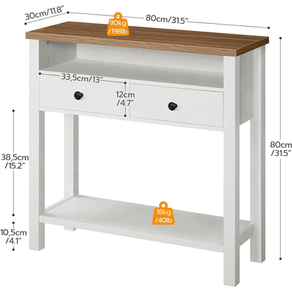 White console table with wooden top and dimensions displayed