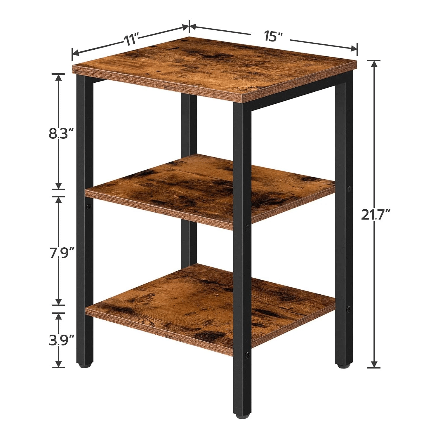 Three-tiered wooden side table with dimensions on a white background