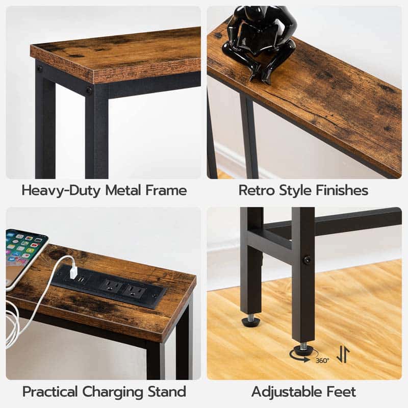 Collage of a wooden desk with features highlighted, including heavy-duty metal frame, retro style finishes, practical charging stand, and adjustable feet.