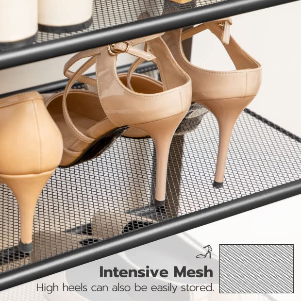 Beige high-heeled shoes on an intensive mesh shelf.