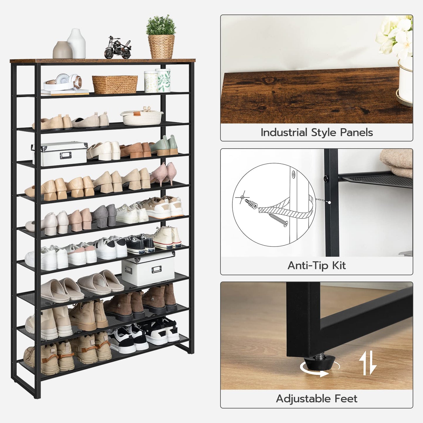 Shoe rack with multiple shelves filled with shoes, featuring industrial style panels and anti-tip kit details.