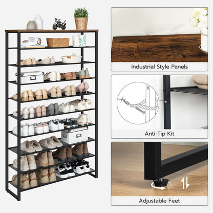 Shoe rack with multiple shelves filled with shoes, featuring industrial style panels and anti-tip kit details.