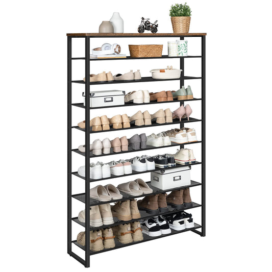 Multi-tiered shoe rack with various shoes on a white background