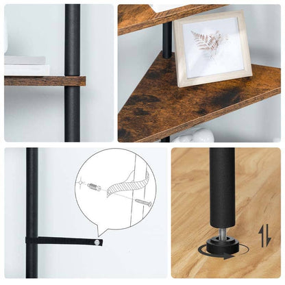 Collage showing a black metal shelf with rustic brown wooden shelves, including a close-up of the shelf bracket, a shelf holding a picture frame, an instruction diagram for mounting, and a close-up of the adjustable leg base.