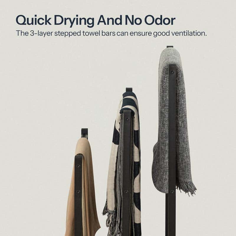 Towel bars with scarves hanging on a light gray background, emphasizing quick drying and no odor.