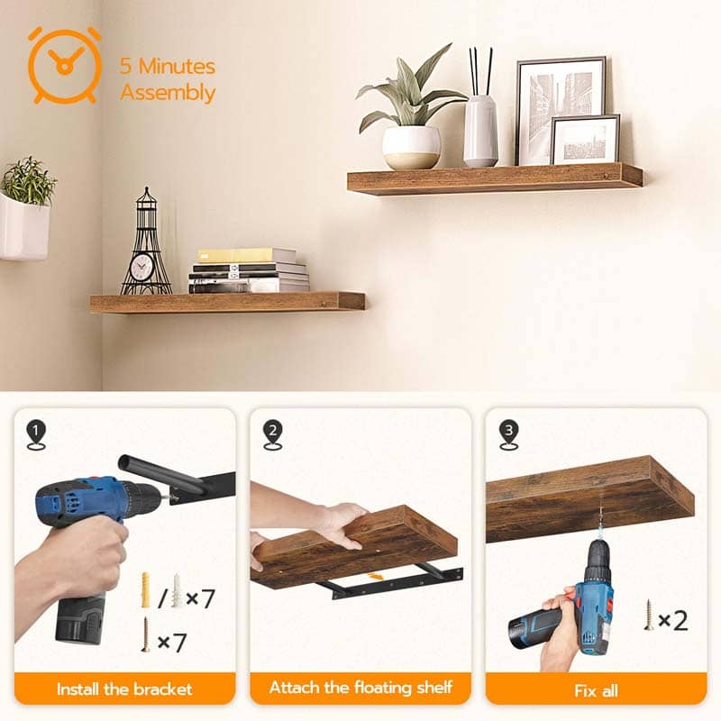 Step-by-step DIY guide showing drilling and level tool usage to easily install the wall shelf.
