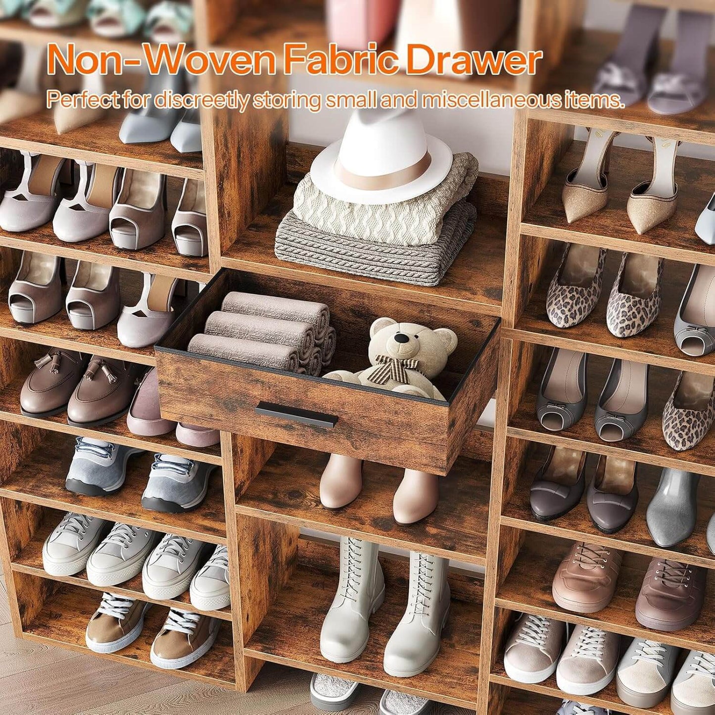 Wooden shoe rack with non-woven fabric drawer for storing shoes and small items.