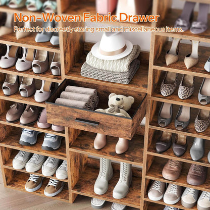 Wooden shoe rack with non-woven fabric drawer for storing shoes and small items.