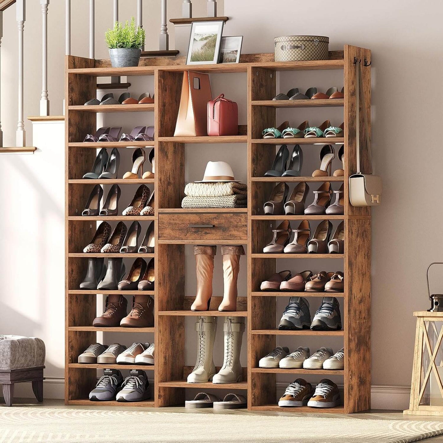 Wooden shoe rack with various shoes on shelves in a home setting