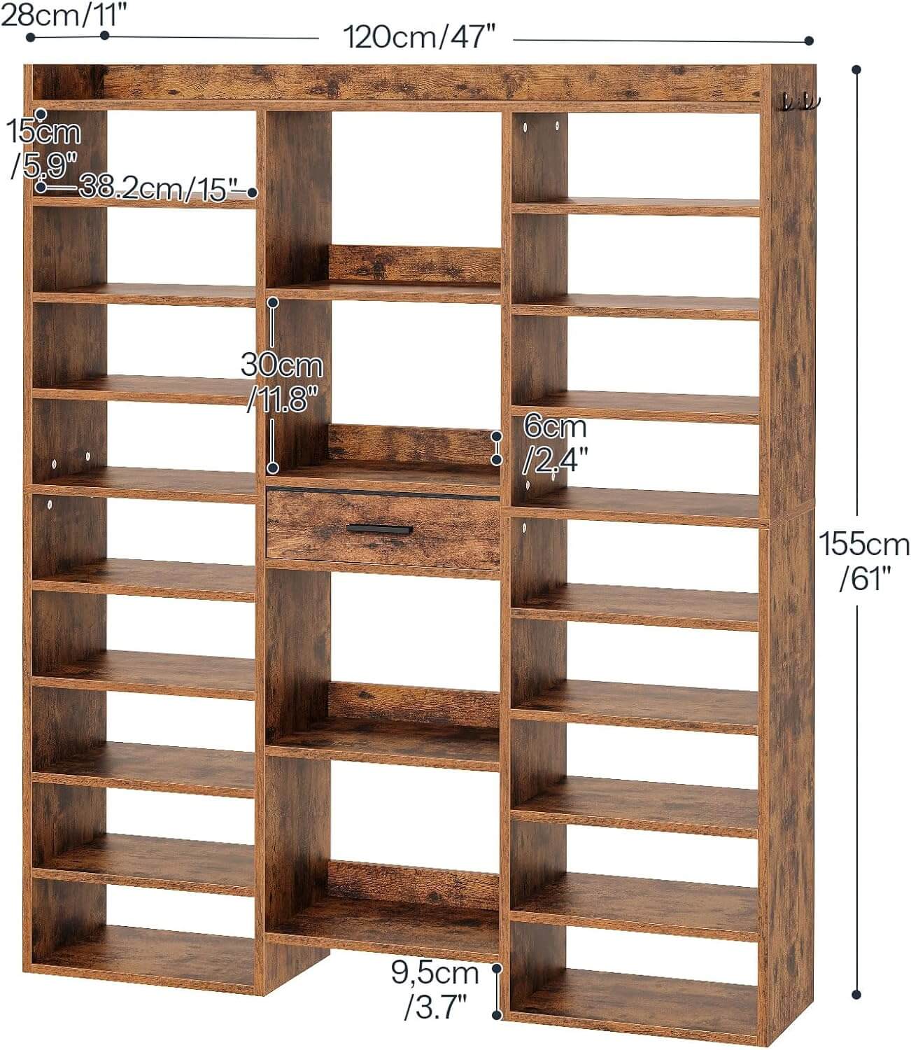 Wooden bookshelf with dimensions indicated on a white background