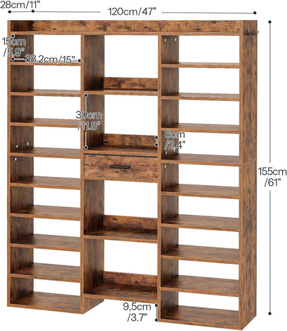 Wooden bookshelf with dimensions indicated on a white background