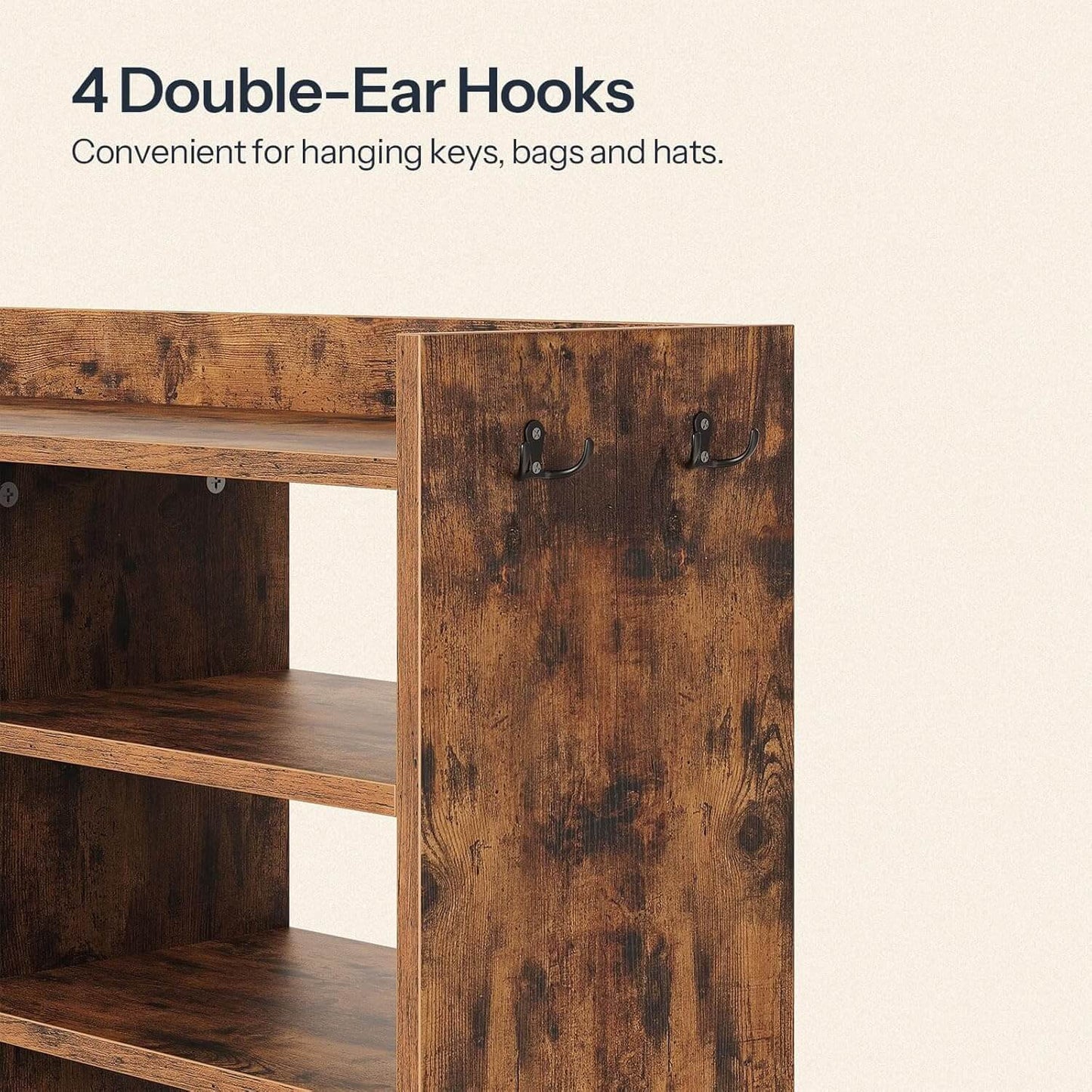 Wooden shelf with double-ear hooks on a beige background