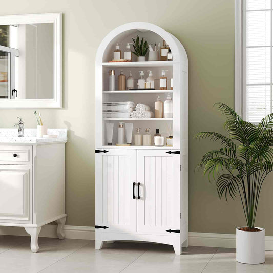 White corner cabinet with shelves in a bathroom setting