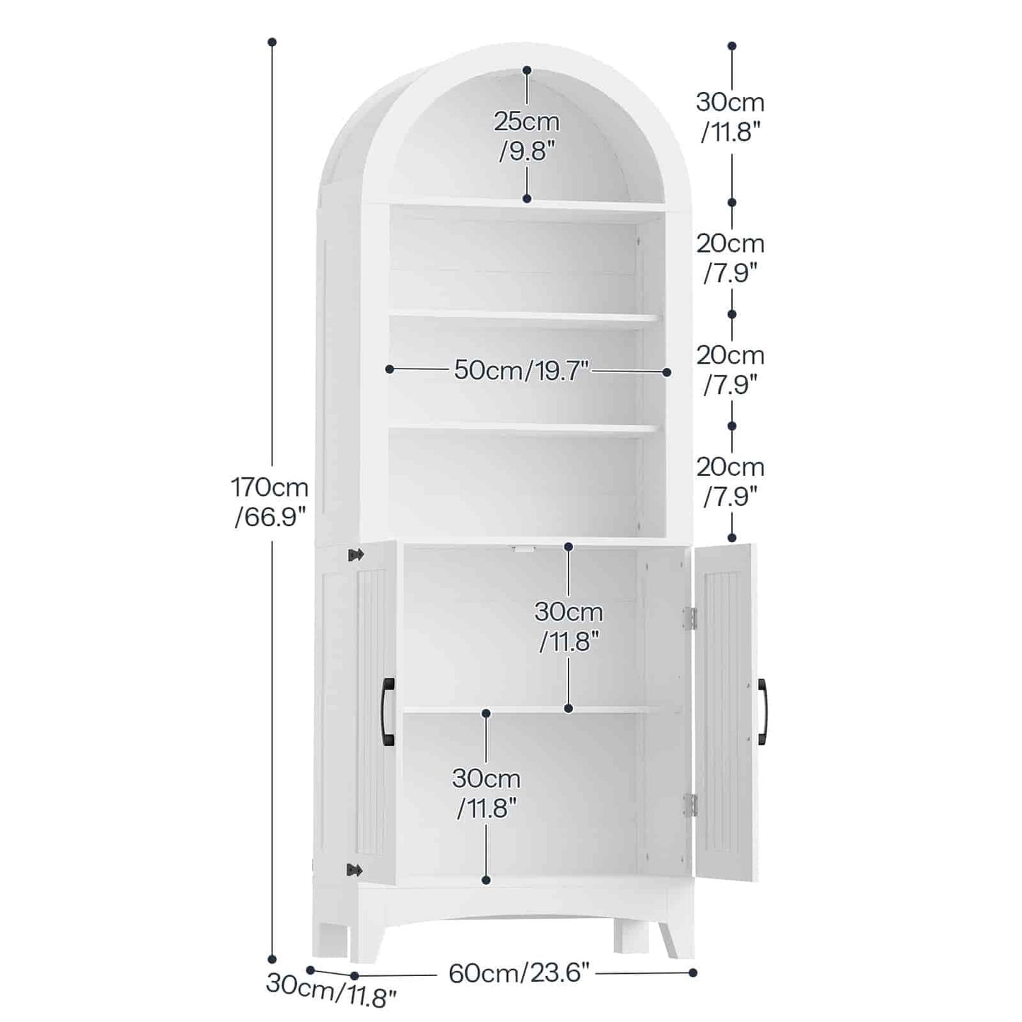 White arched cabinet with dimensions indicated on a white background