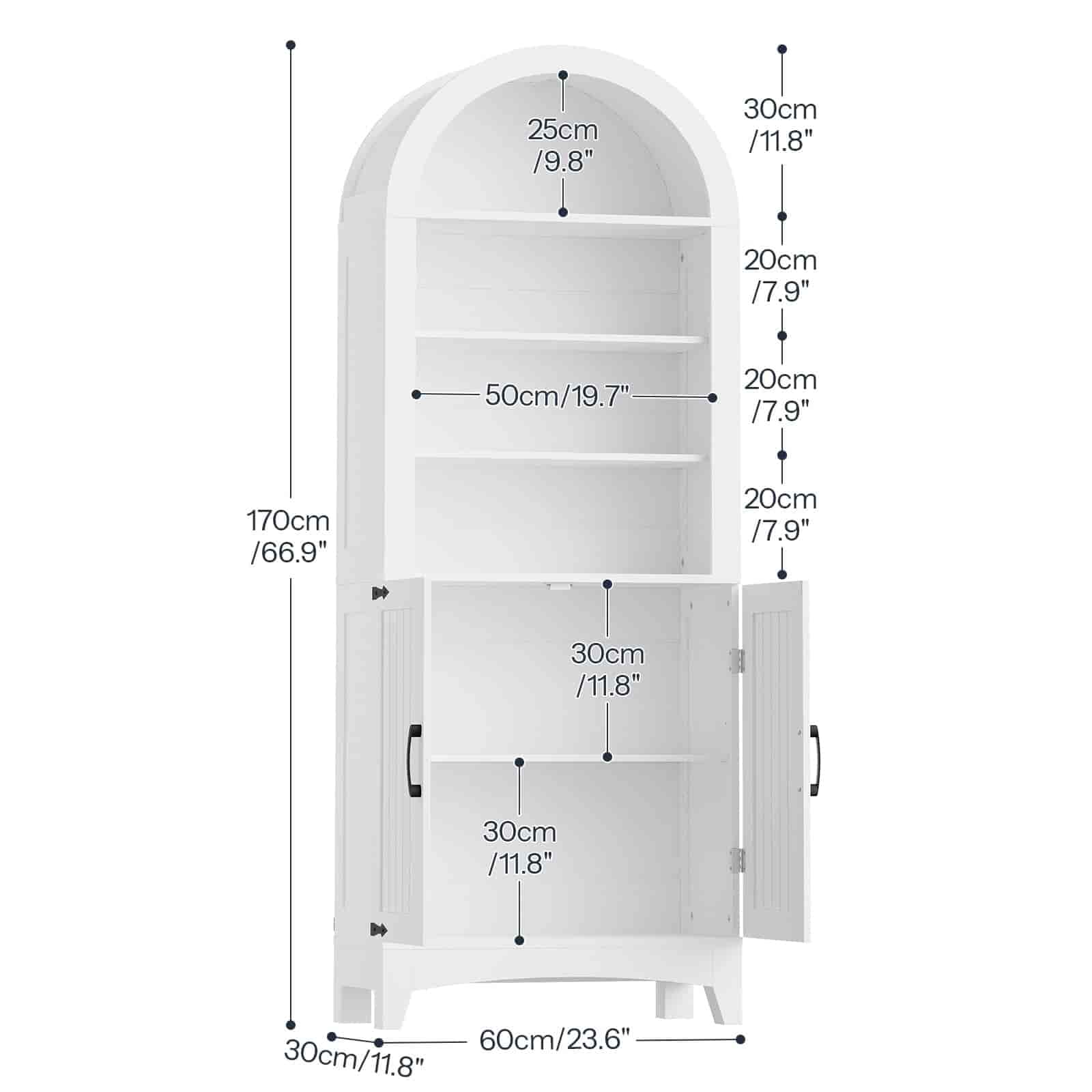 White arched cabinet with dimensions indicated on a white background