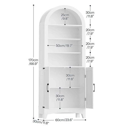 White arched cabinet with dimensions indicated on a white background