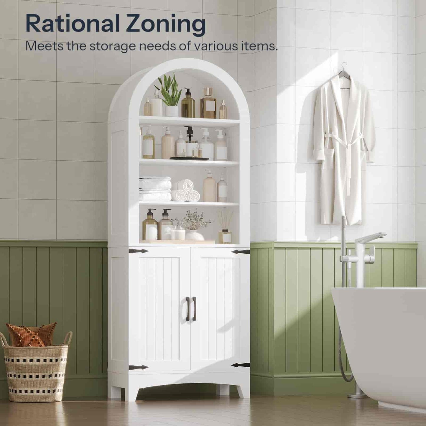 White corner cabinet in a bathroom with rational zoning features, displaying various items.