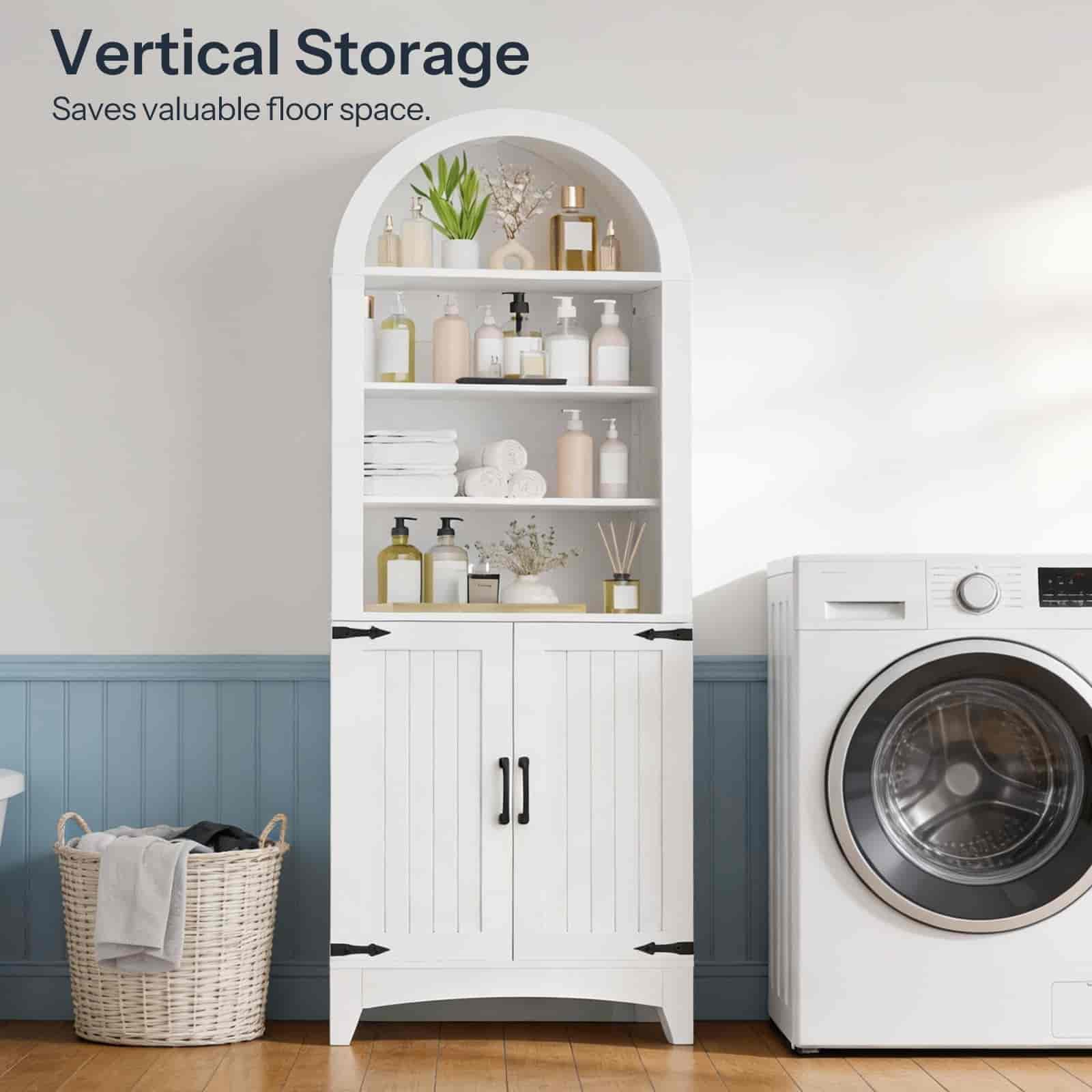 White vertical storage cabinet with shelves next to a washing machine in a laundry room.