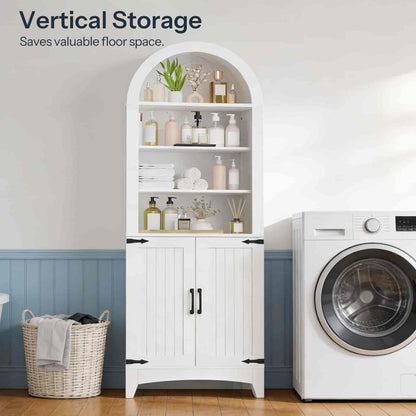 White vertical storage cabinet with shelves next to a washing machine in a laundry room.