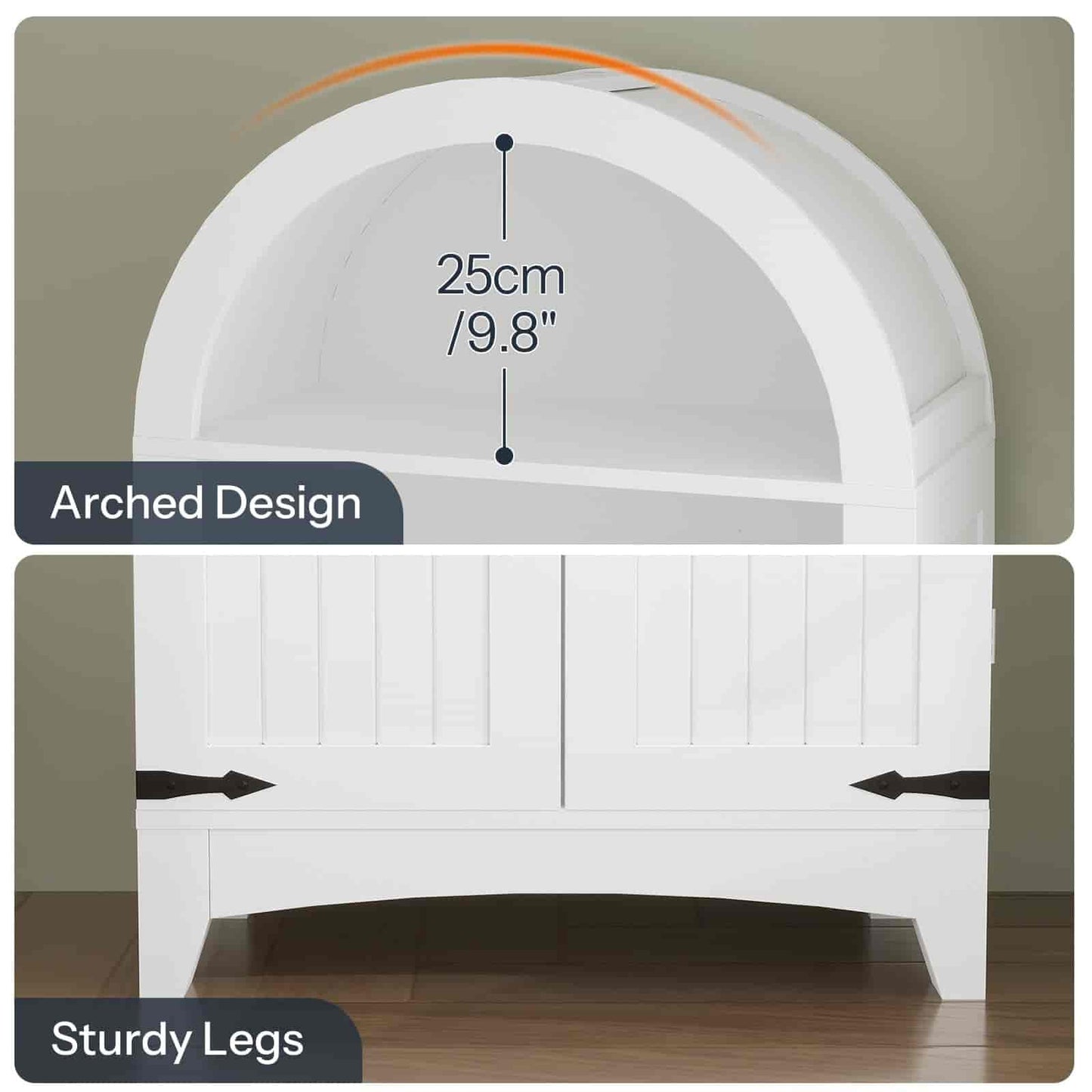 White cabinet with arched design and sturdy legs, showing measurement details.