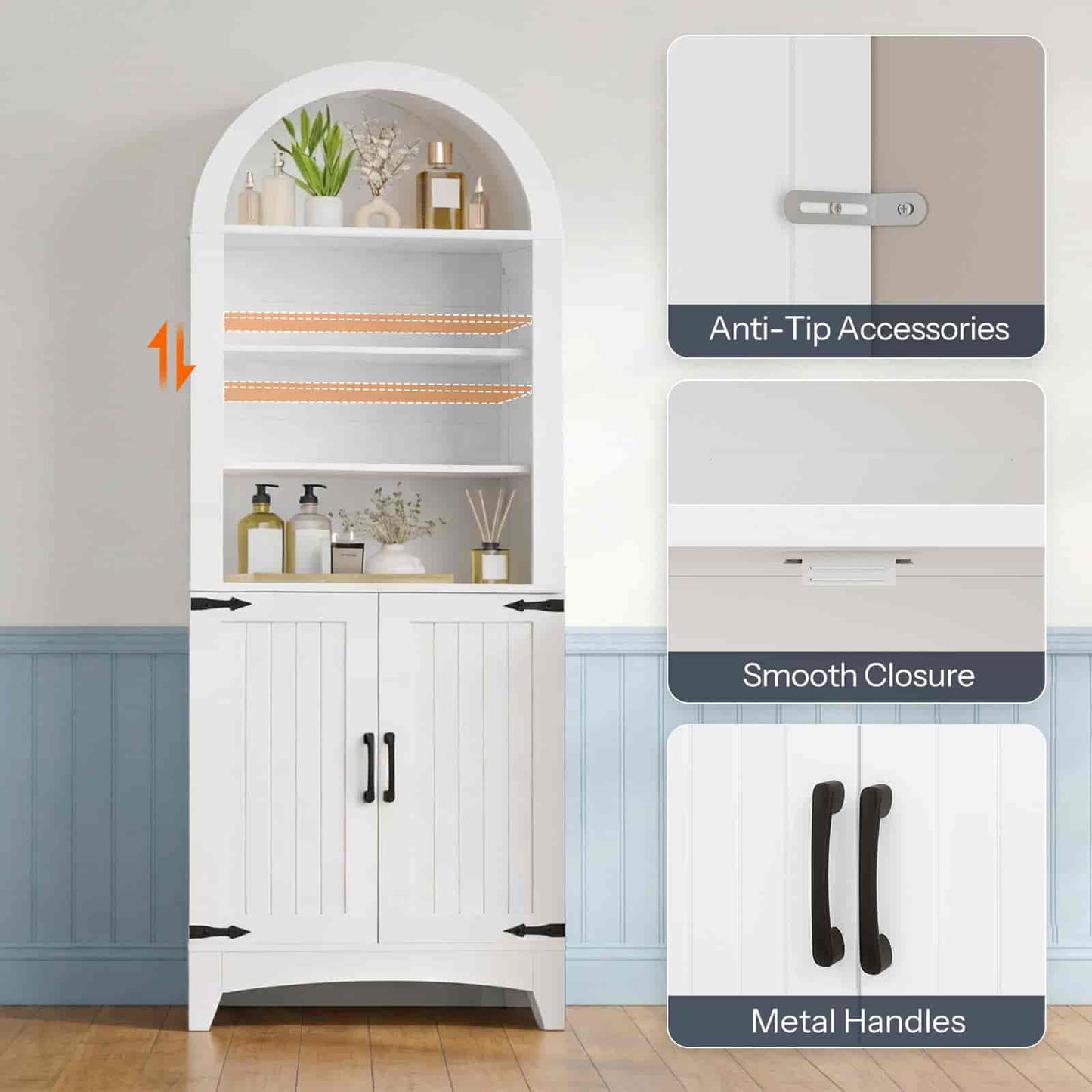 White cabinet with shelves and doors, featuring anti-tip accessories and metal handles.