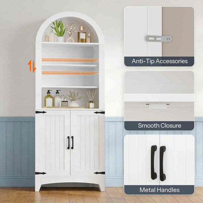 White cabinet with shelves and doors, featuring anti-tip accessories and metal handles.