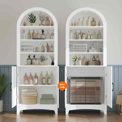 White storage cabinet with open doors showing interior compartments and shelves.