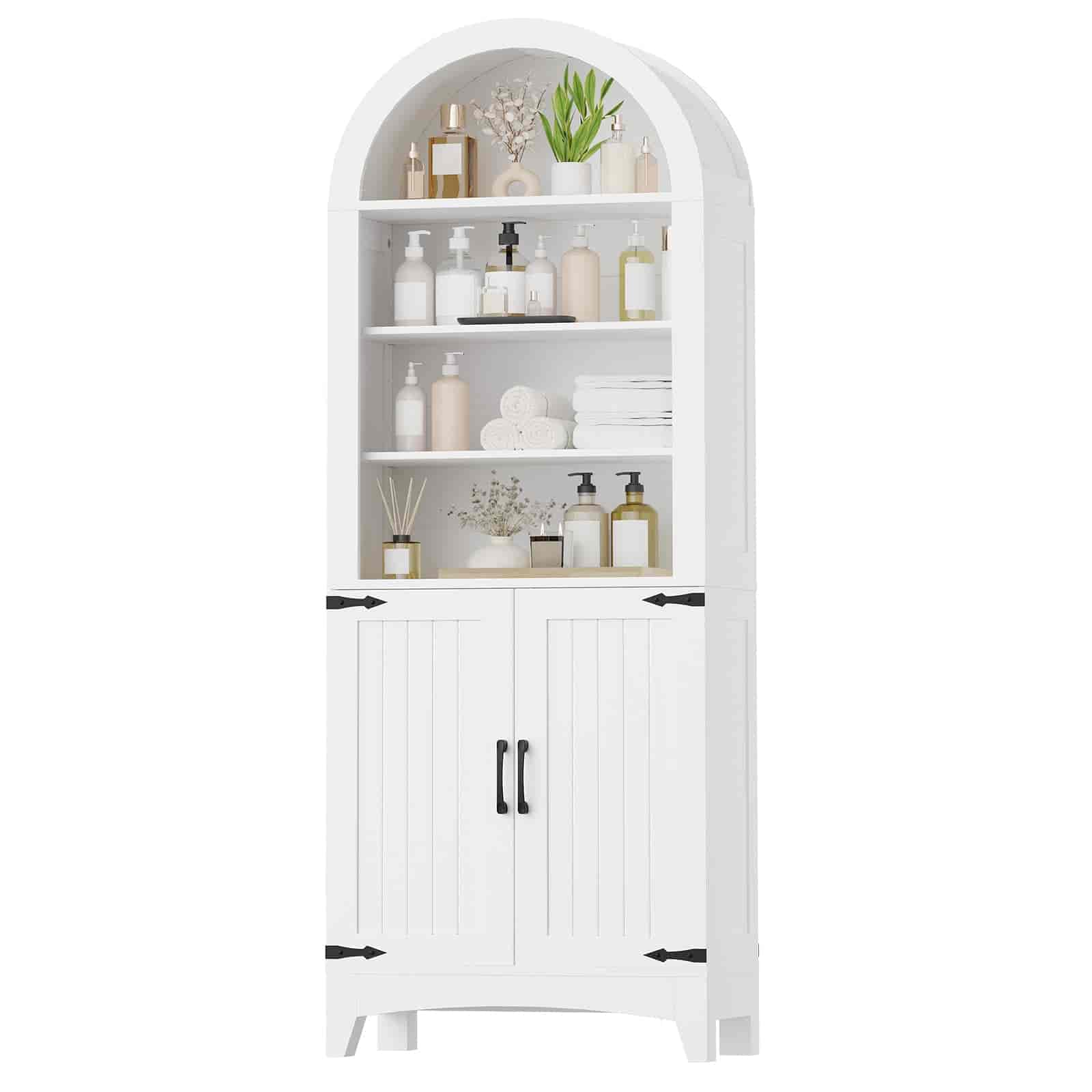 White cabinet with shelves displaying various items on a white background