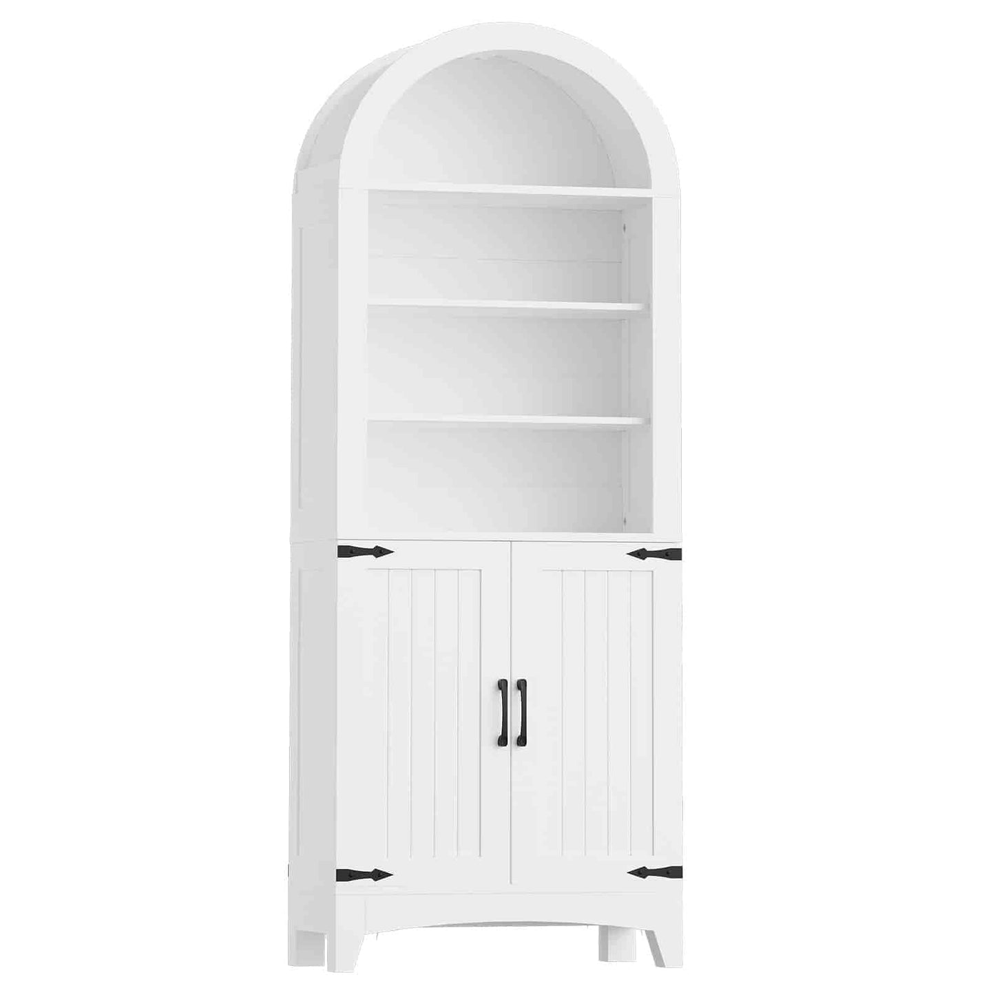 White arched cabinet with a door and shelves on a white background