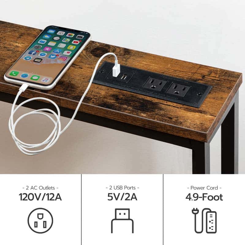 Wooden desk with power outlet panel, phone, and cable on a white background