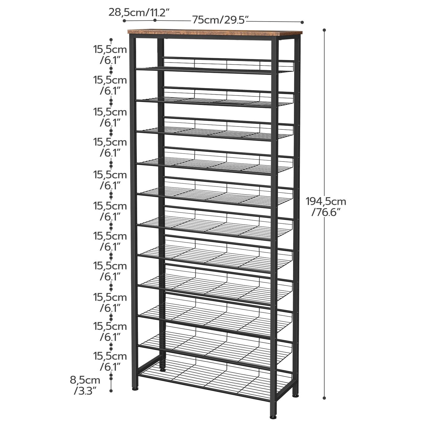 Detailed dimensions and vertical tier clearance specifications chart of HOOBRO 12-level metal shoe tower.