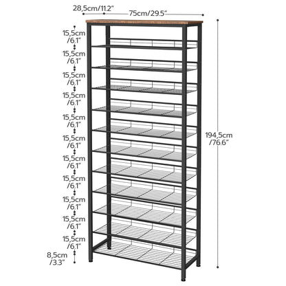 Detailed dimensions and vertical tier clearance specifications chart of HOOBRO 12-level metal shoe tower.