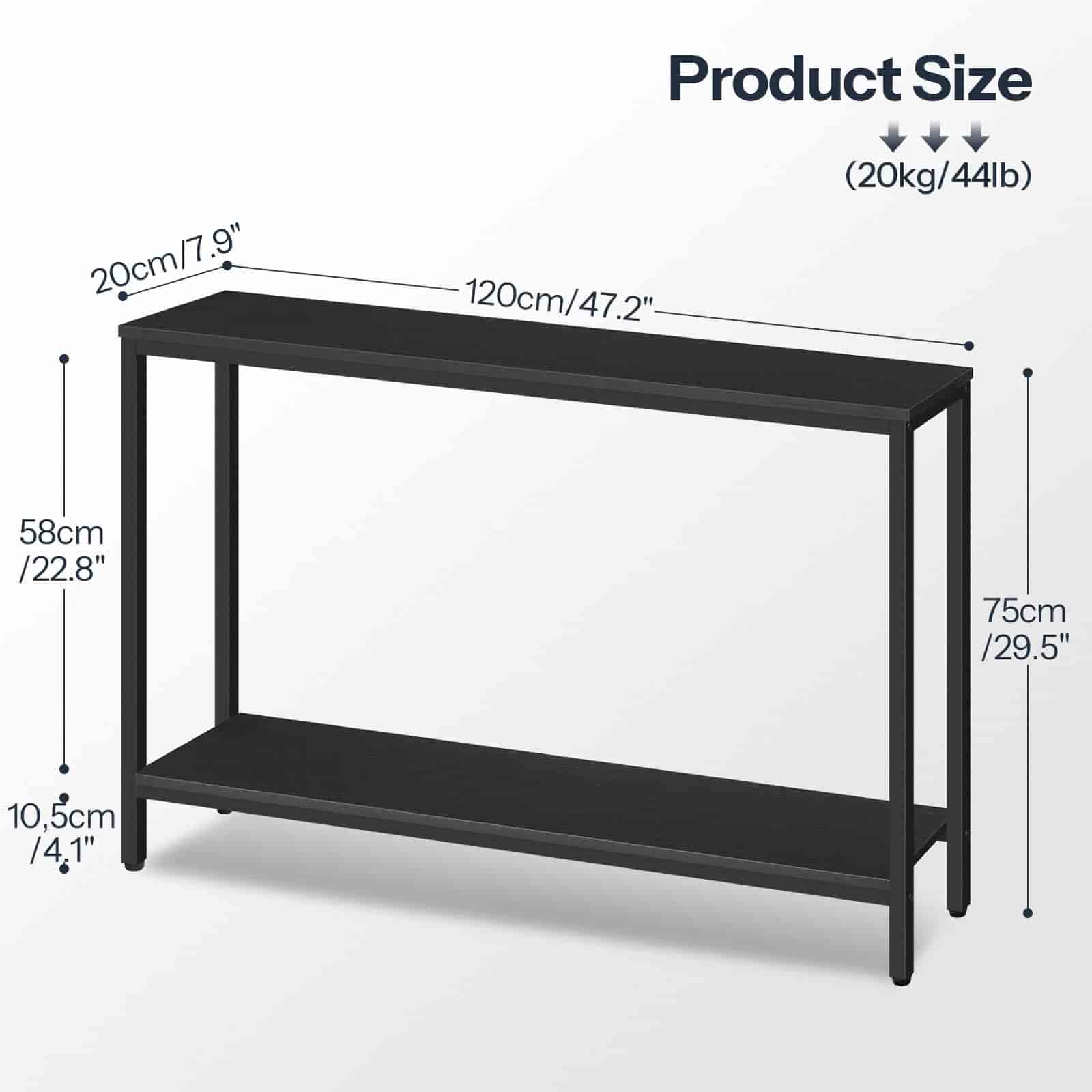 Black console table with dimensions on a white background