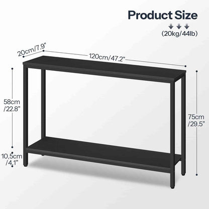 Black console table with dimensions on a white background