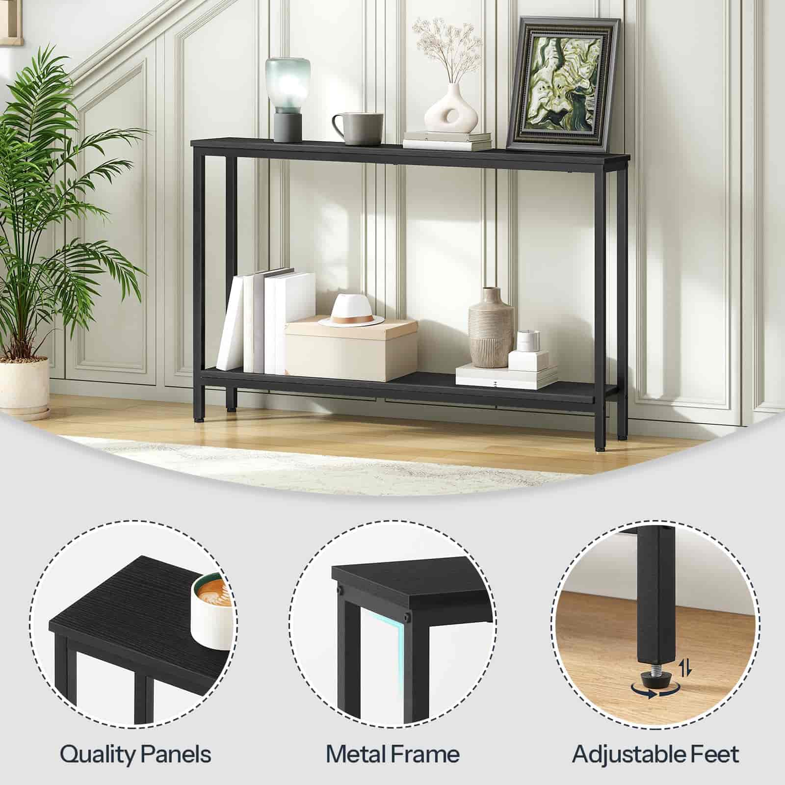 Black console table with decorative items in a room setting, highlighting quality panels, metal frame, and adjustable feet.