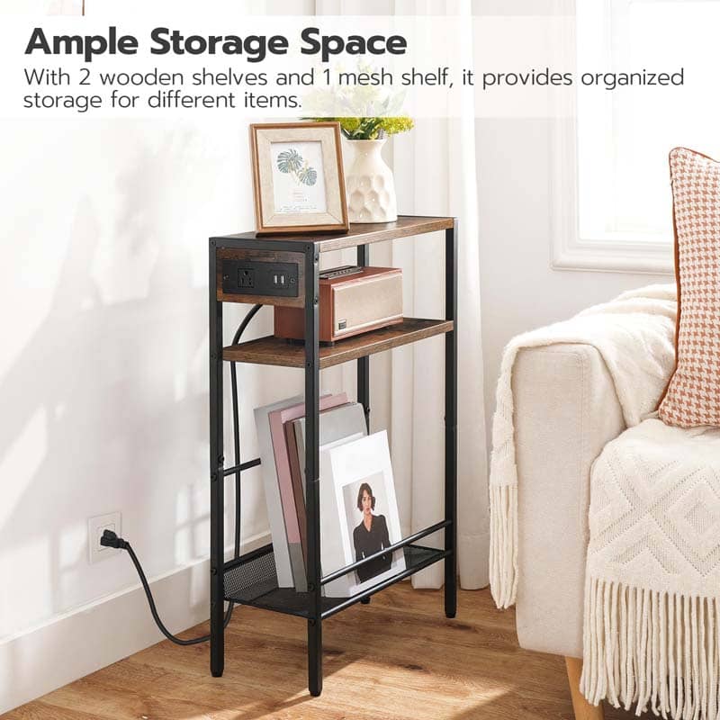 Small storage shelf with wooden shelves and a mesh shelf in a living room setting.