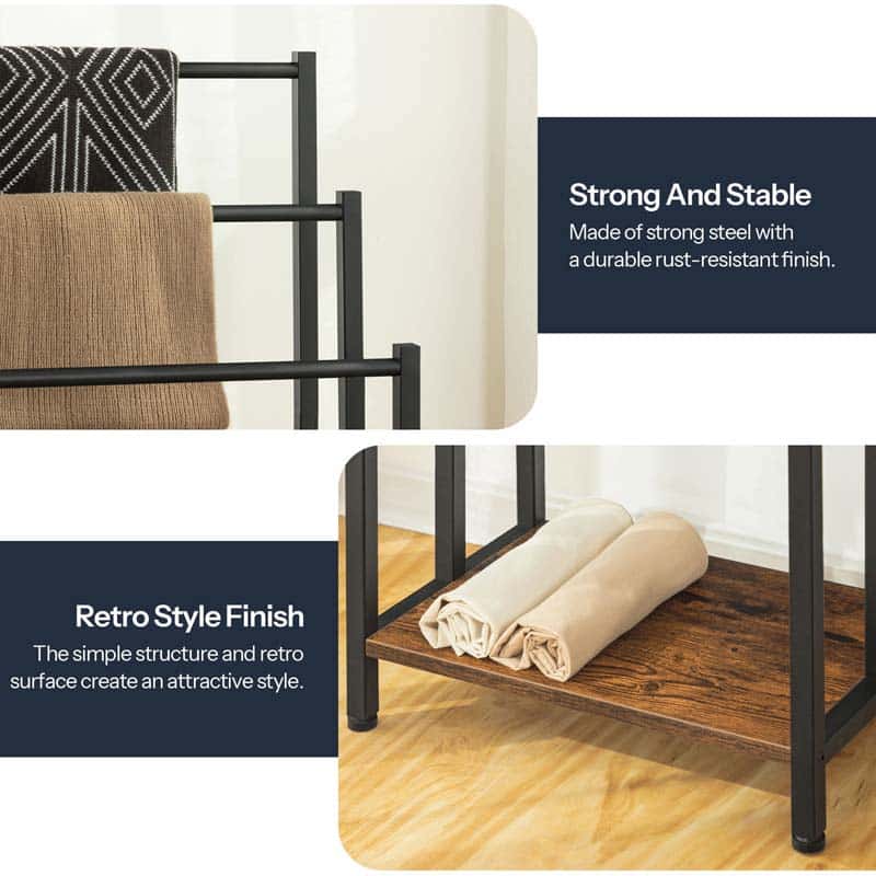 Metal shelf with retro style finish and text highlighting strength and stability.