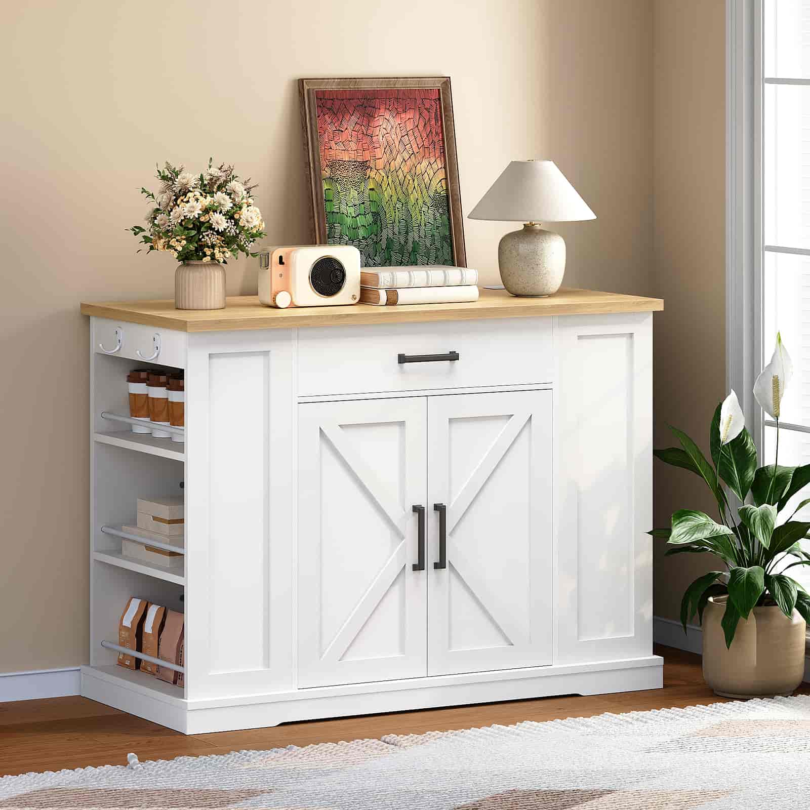 White sideboard with wooden top in a room with decor elements.