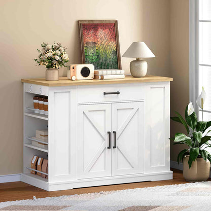 White sideboard with wooden top in a room with decor elements.