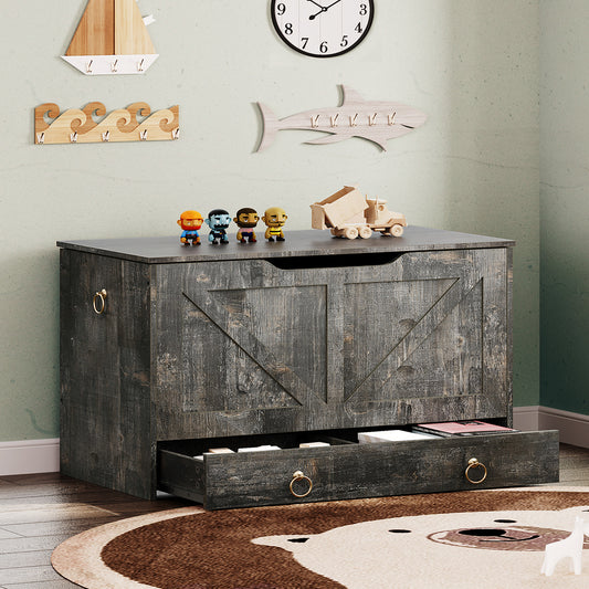 HOOBRO 39.3-inch Wooden Toy Box Storage Box with Drawers & Safety Hinges & U-Shaped Opening