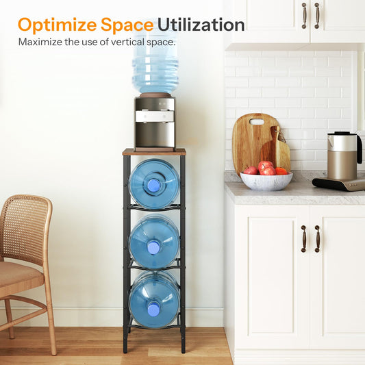Kitchen setup with a vertical storage unit holding water jugs, maximizing space utilization.