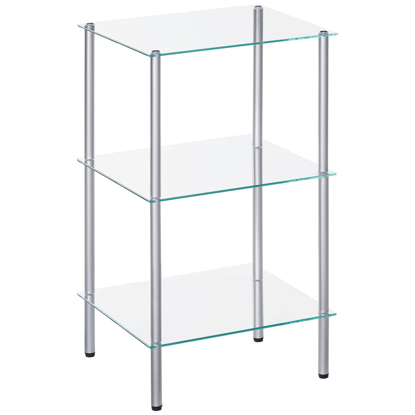Glass shelf unit with metal legs on a white background