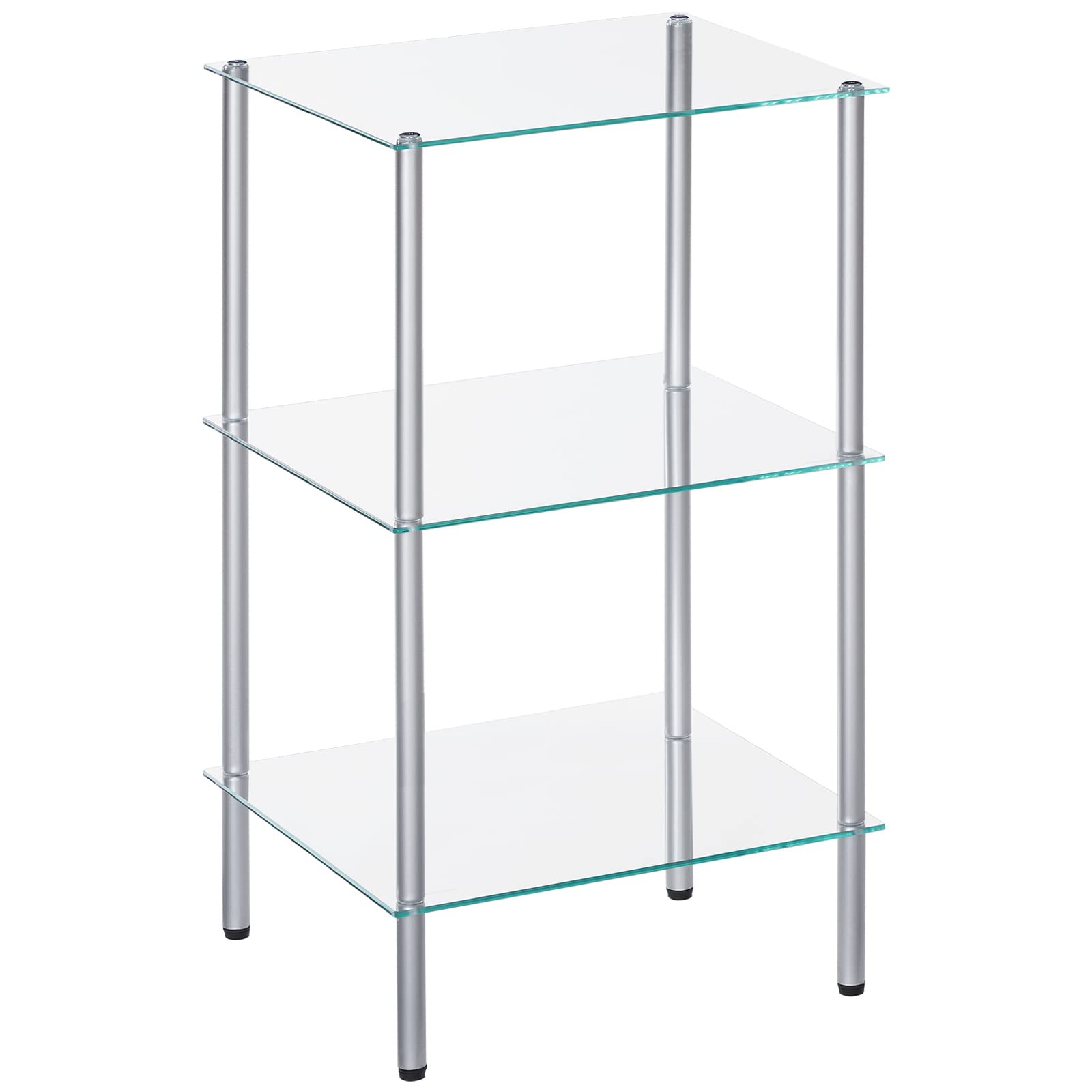 Glass shelf unit with metal legs on a white background