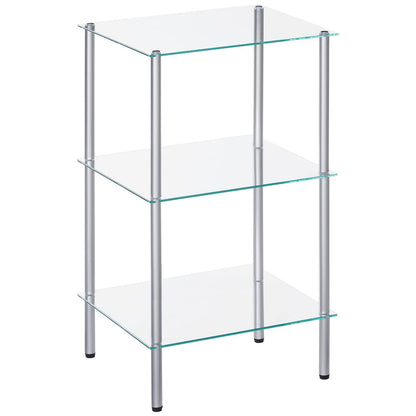 Glass shelf unit with metal legs on a white background