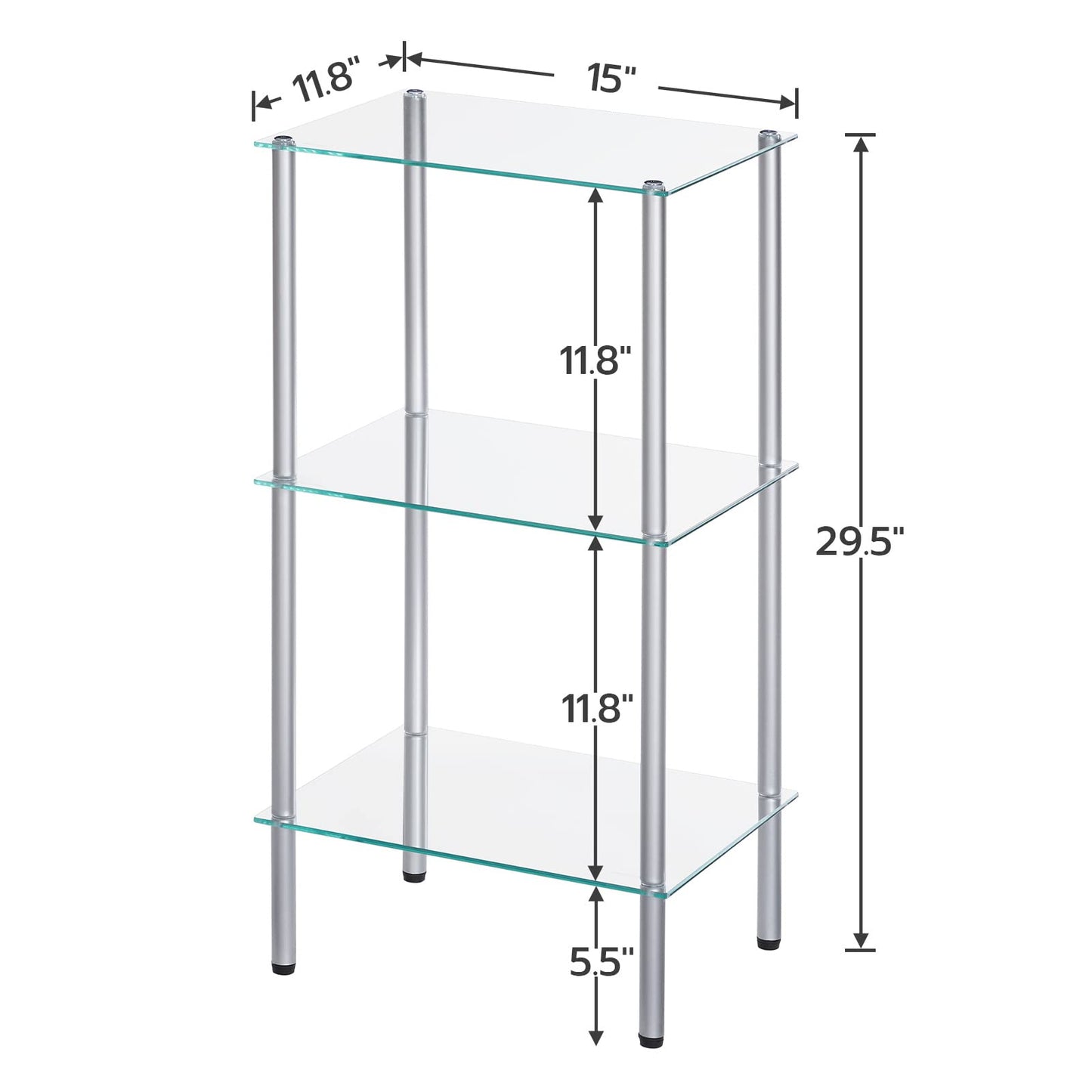 Glass shelf unit with dimensions labeled on a white background