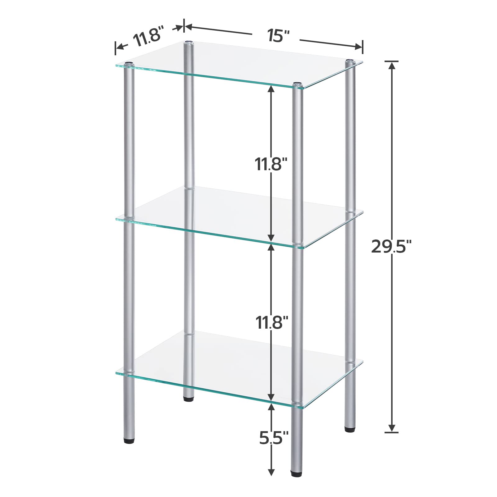 Glass shelf unit with dimensions labeled on a white background